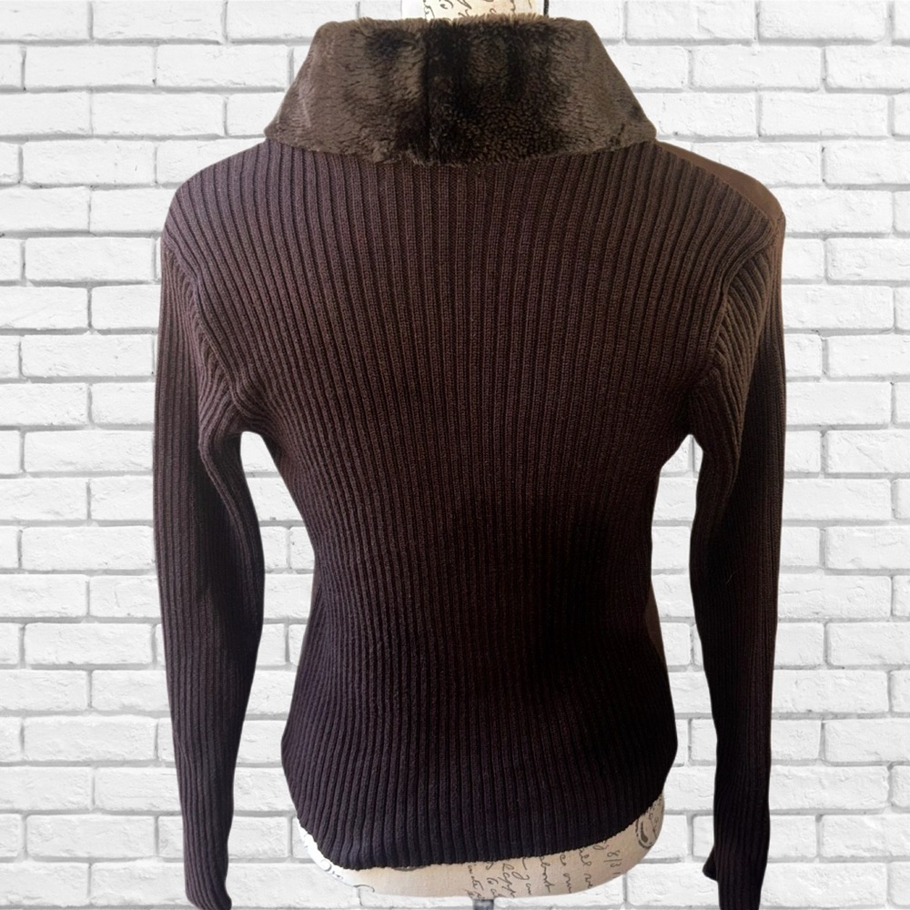 Ambra Womens Brown Faux Suede Fur Collar Ribbed Knit Cardigan Small - Picture 3 of 6